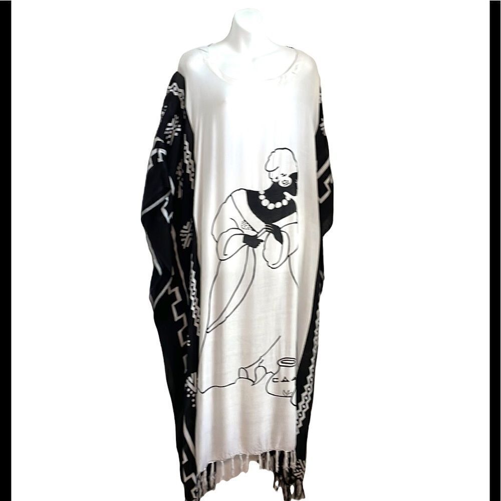 27. Vintage Y2K Lady Scoop Neck Tassel Kaftan Beach Cover Up 1X Black W…